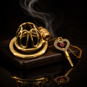 Gold Chastity Device with Heart-shaped Chastity Key Necklace