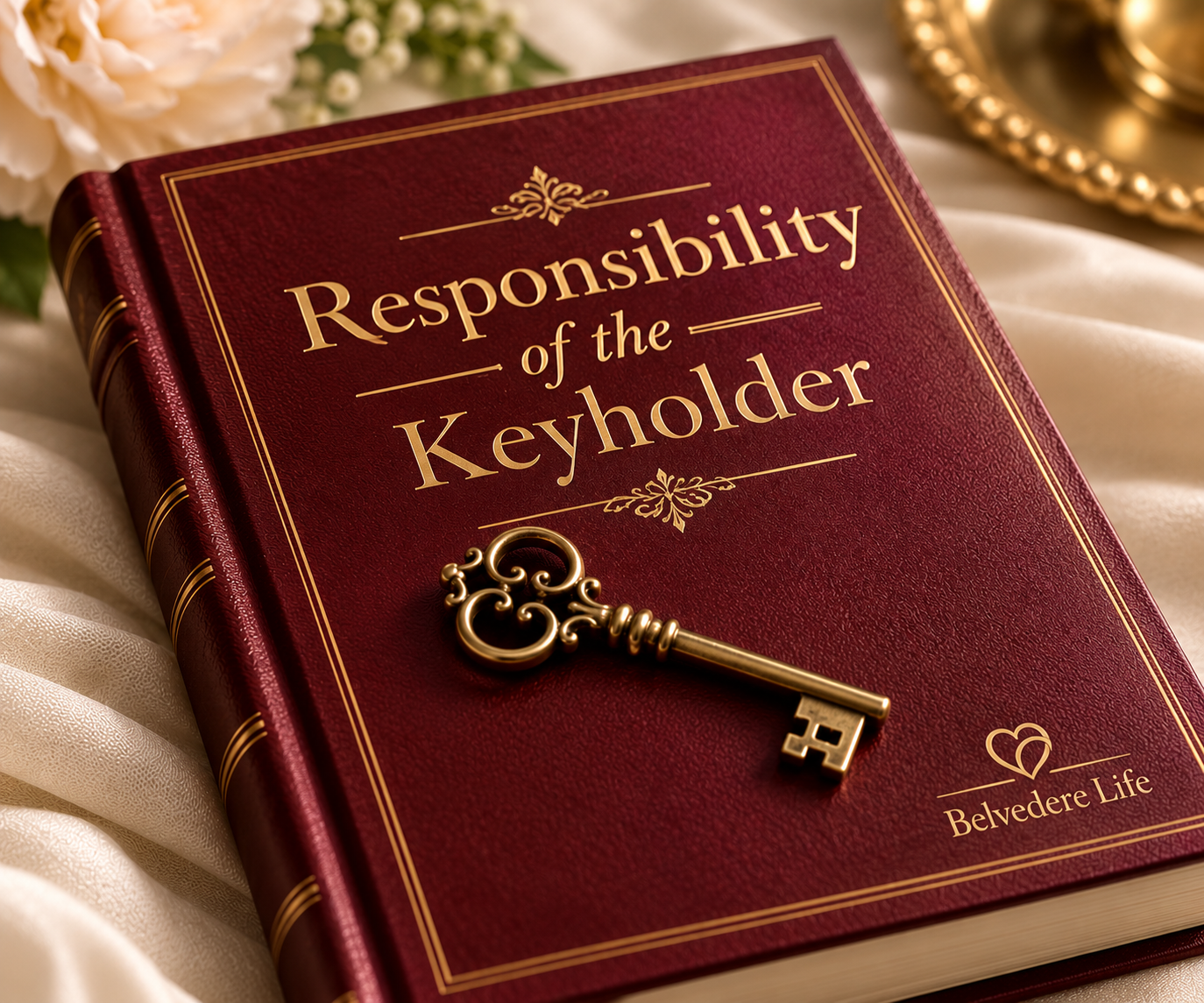 Burgundy book titled Responsibility of the Keyholder with an ornate gold key, symbolizing keyholder responsibility in a Female-Led Relationship.